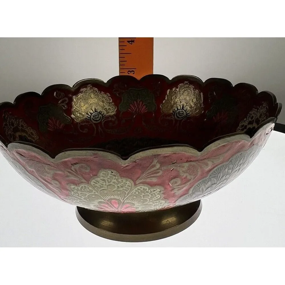 Vintage Enesco Imports Enameled Solid Brass Peacock‎ Bowl Made in India (8c7)